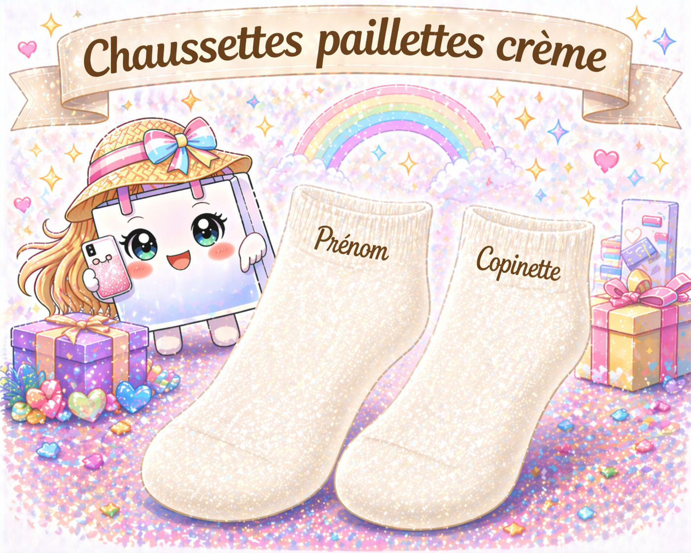 Chaussettes personnalisées paillettes crème