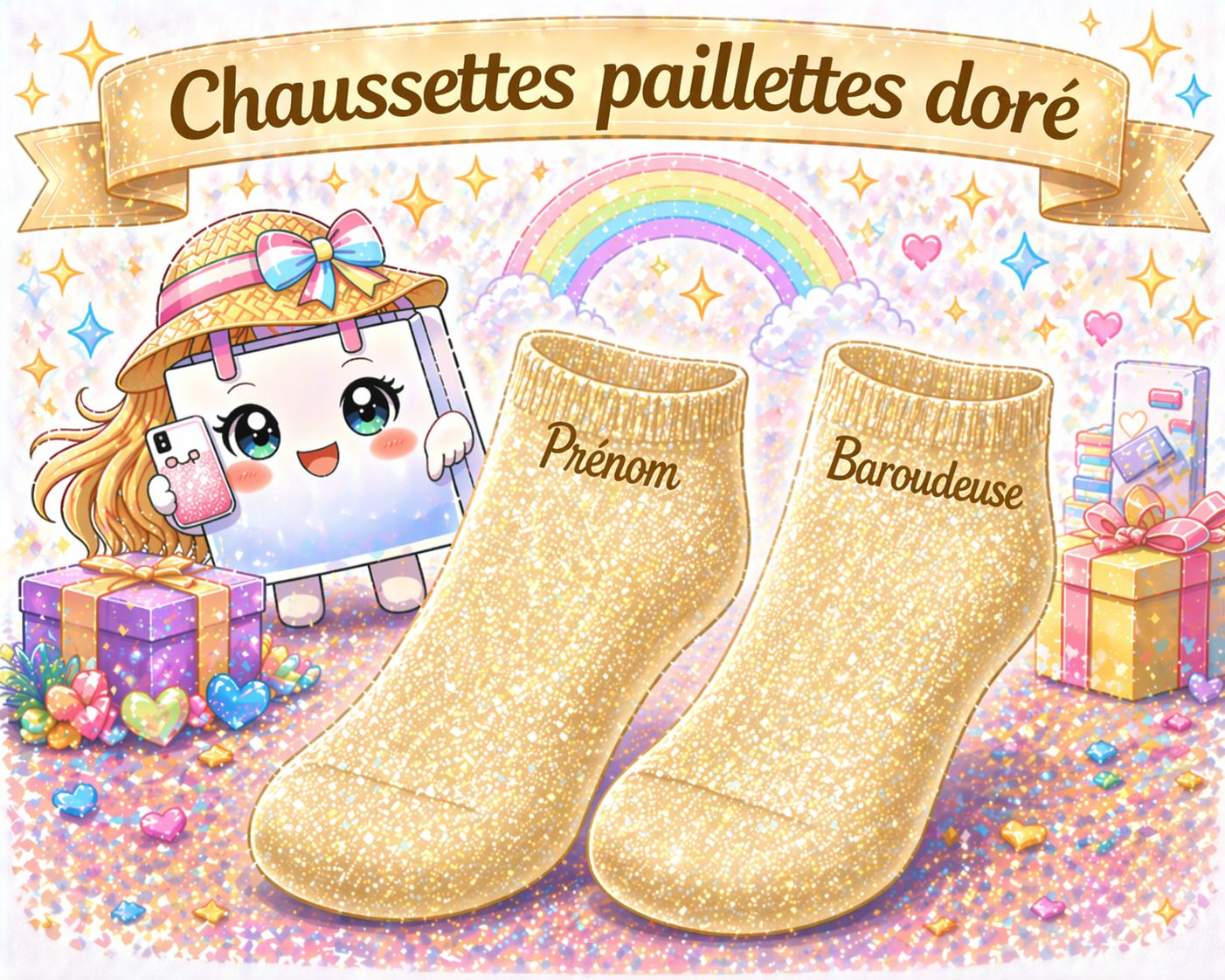 Chaussettes personnalisées paillettes doré