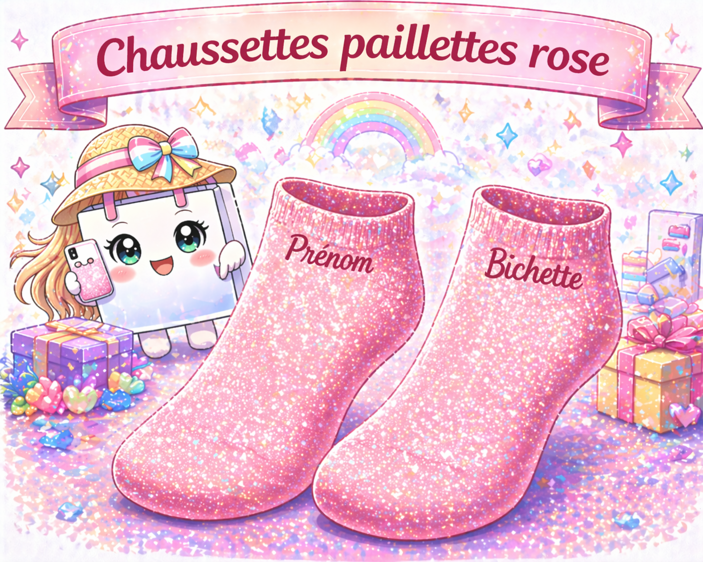 Chaussettes personnalisées paillettes rose