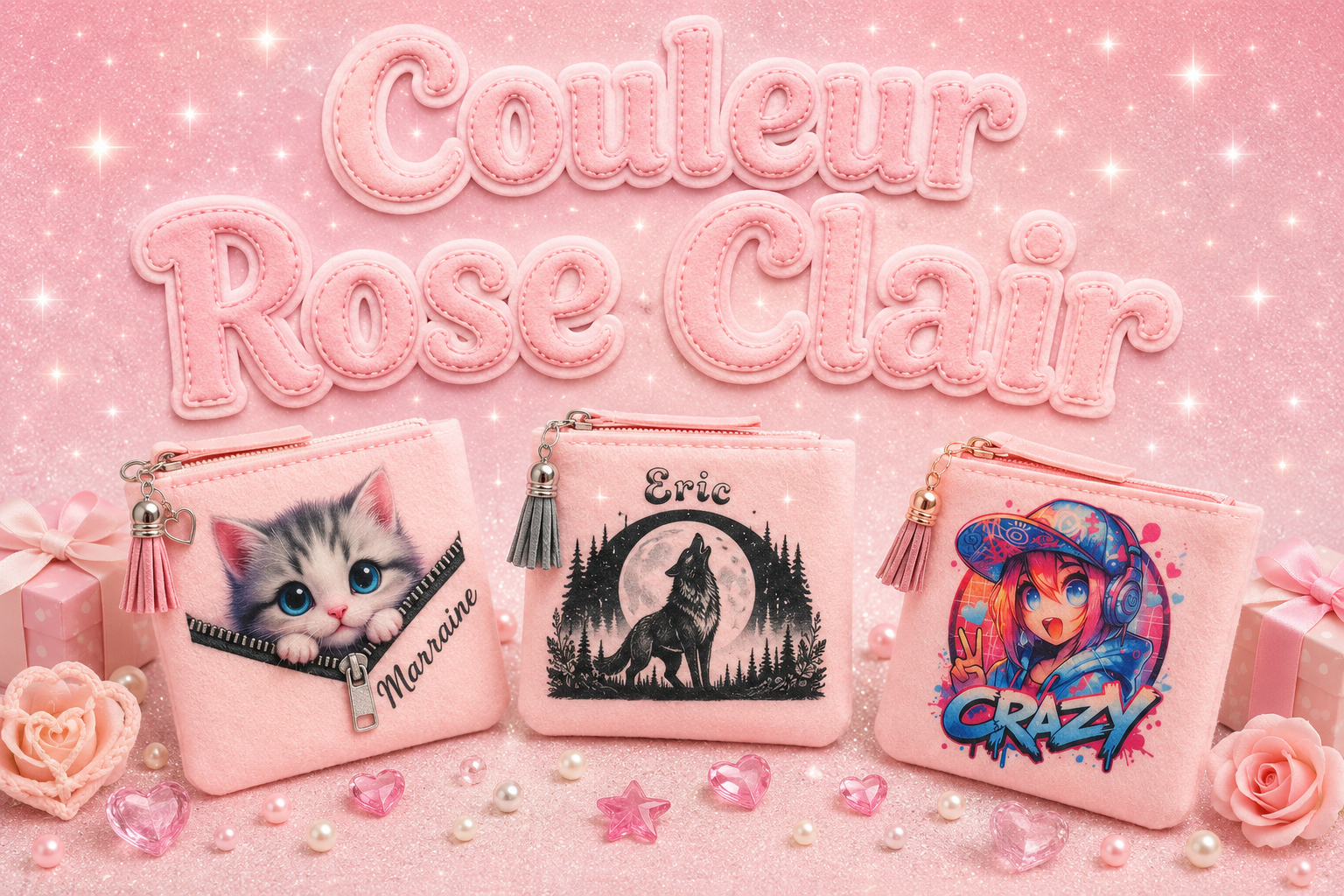 Porte-Monnaie Personnalisé Rose Clair en Feutrine