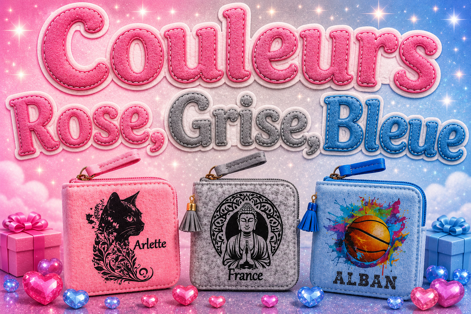 Porte-Monnaie Personnalisé Rose, Gris et Bleu en Feutrine