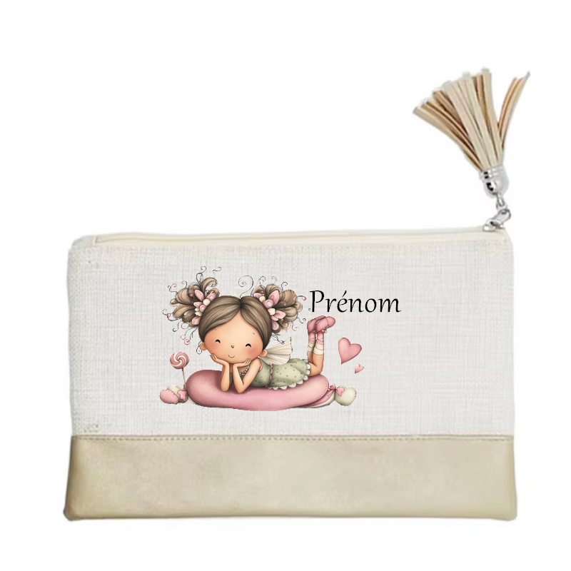Pochette personnalisée motif fée cœur en toile et simili cuir personnalisée