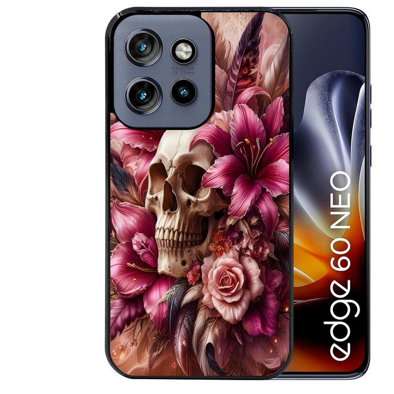 Coque noire taperso pour Moto Edge 60 et Neo Fusion Pro avec motif tete de mort skull plume protection antichoc personnalisée
