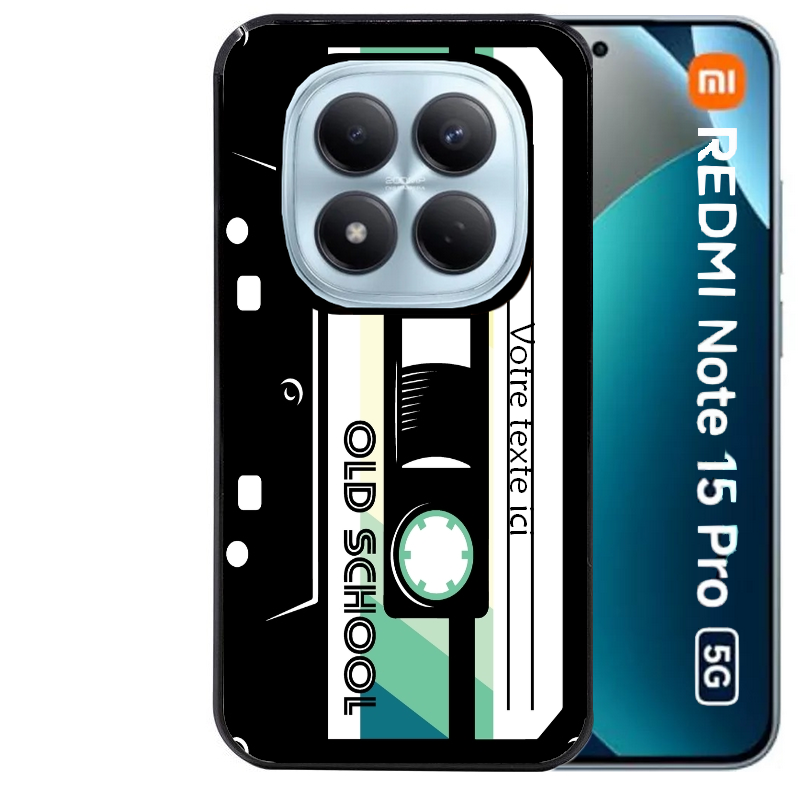 Coque noire taperso pour Redmi Note 15 et PRO PLUS 4G 5G personnalisable avec motif cassette vintage protection antichoc personnalisée