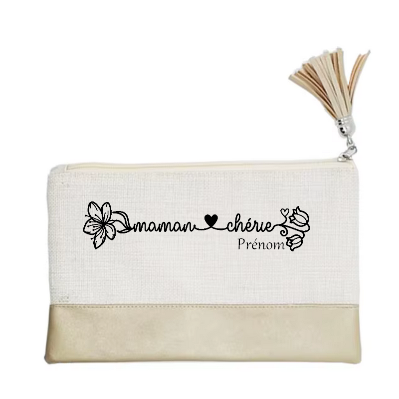 Pochette personnalisée motif maman cherie en toile et simili cuir personnalisée