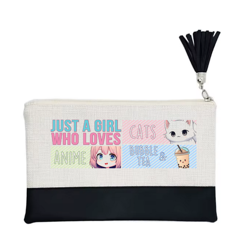 Pochette motif anime girl chat en toile et simili cuir