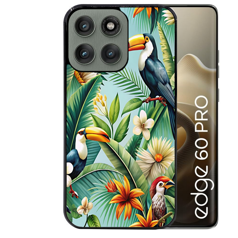 Coque noire taperso pour Moto Edge 60 et Neo Fusion Pro avec motif perroquet tropical protection antichoc personnalisée