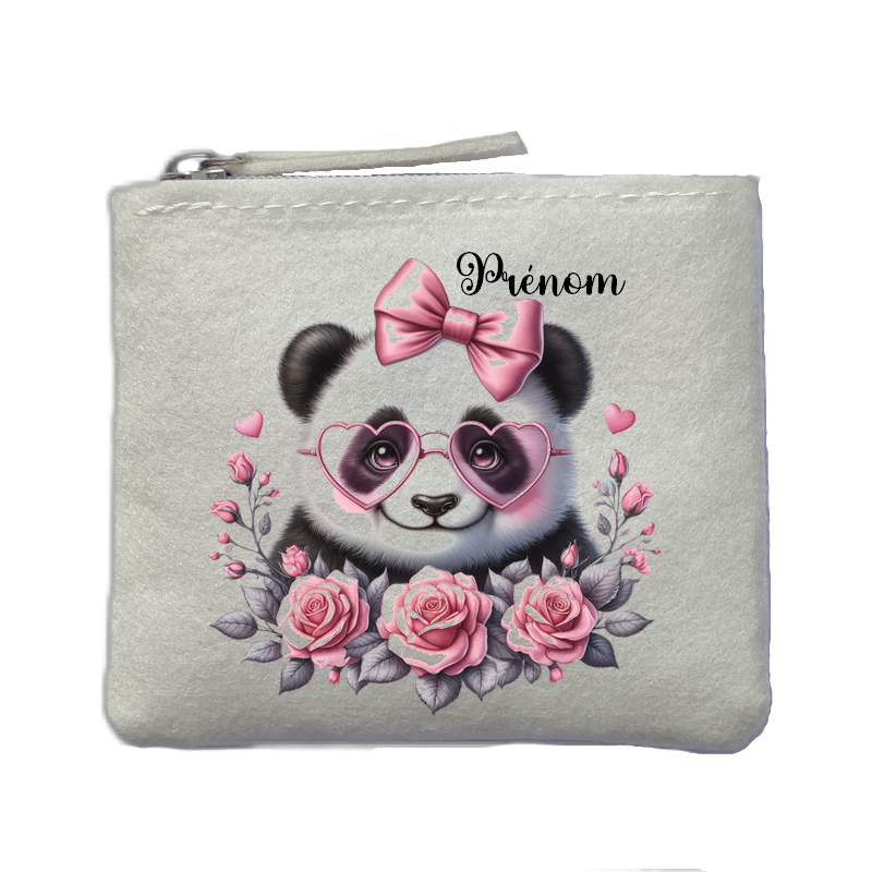 Porte monnaie personnalisé panda noeud ivoire en feutrine en feutrine ivoire