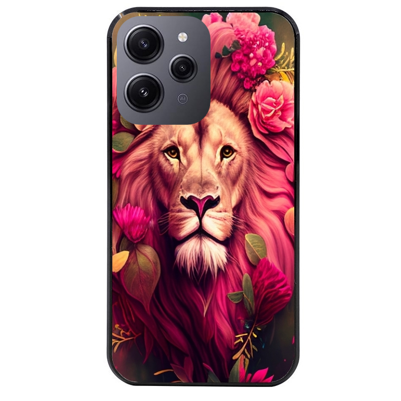 Coque noire taperso pour Redmi 12 4G et 5G avec motif lion et fleurs rose protection antichoc personnalisée
