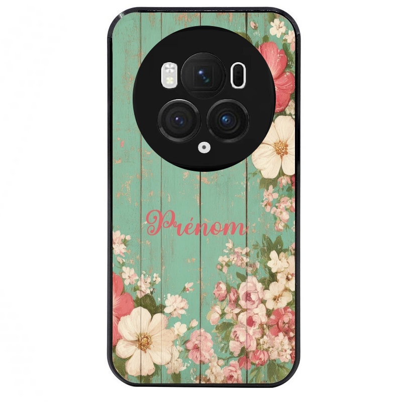 Coque noire taperso pour Magic 5 6 LITE et PRO avec motif bois et fleur avec votre prenom protection antichoc personnalisée