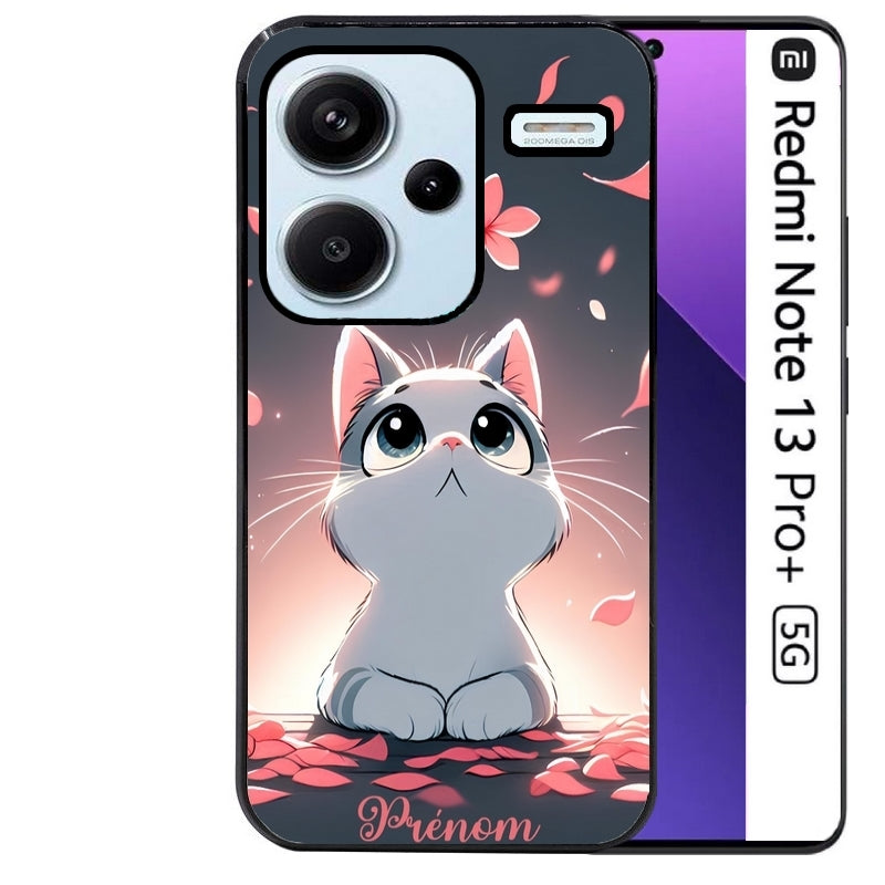 Coque noire taperso pour Redmi Note 13 PRO PLUS 5G avec motif chat anime avec votre prenom protection antichoc personnalisée