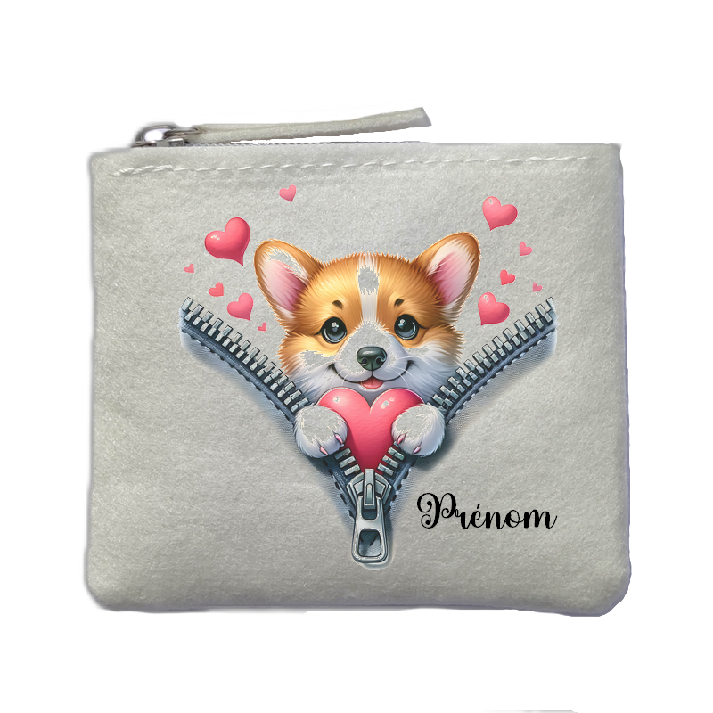 Porte monnaie personnalisé chien zip ivoire en feutrine en feutrine ivoire