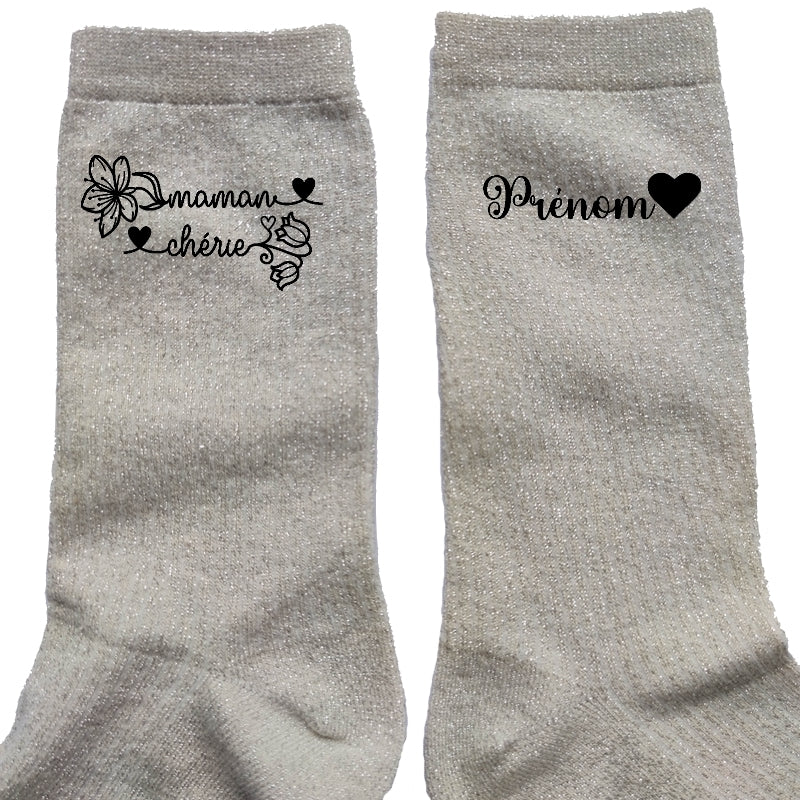 Chaussettes personnalisée paillettes crème motif maman chérie