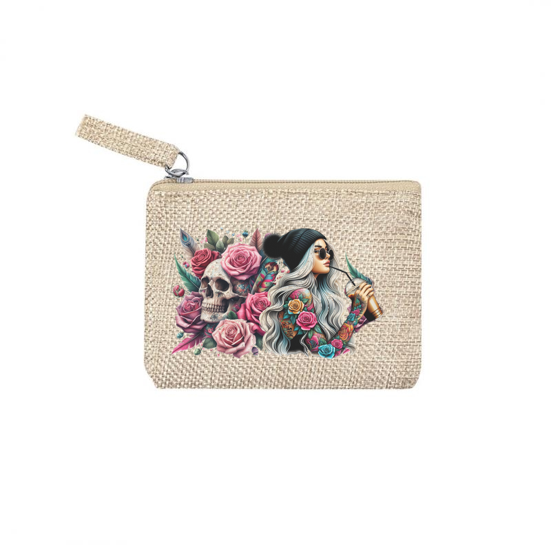 Pochette personnalisée motif tete de mort plume en toile et simili cuir personnalisée