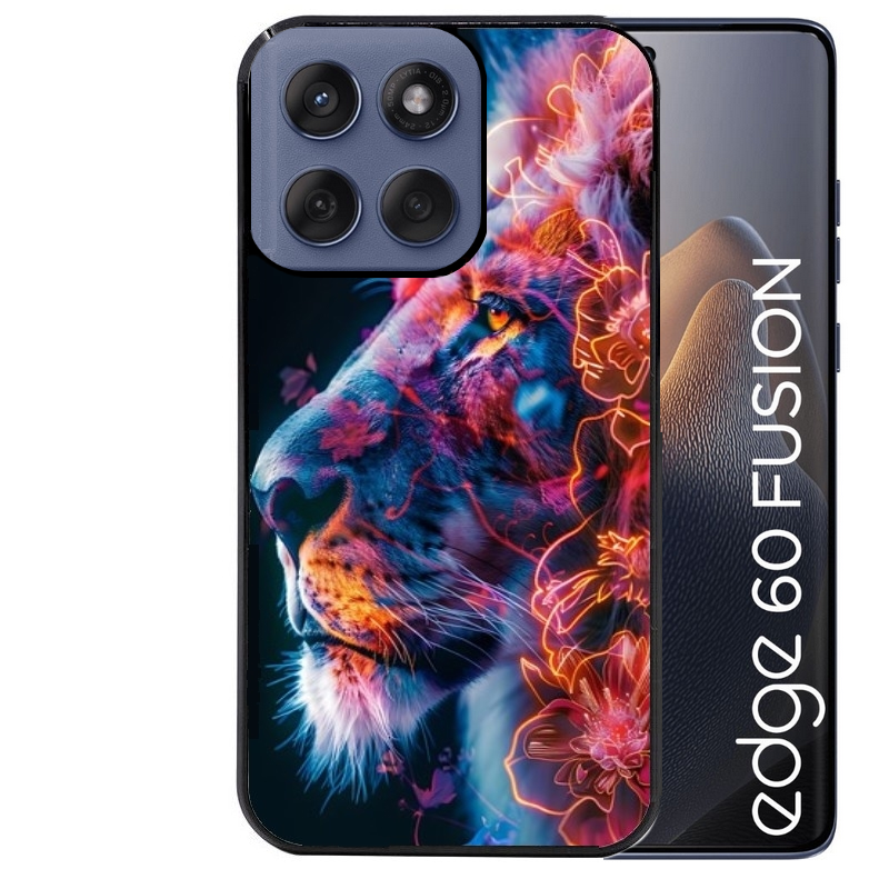 Coque noire taperso pour Moto Edge 60 et Neo Fusion Pro avec motif lion fluo protection antichoc personnalisée