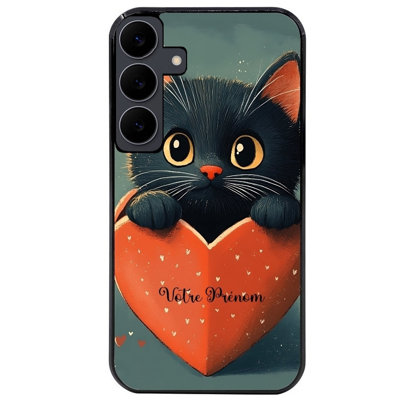 Coque noire taperso pour galaxy A06 A16 A26 A36 A56 avec motif chat et coeur avec prenom protection antichoc personnalisée