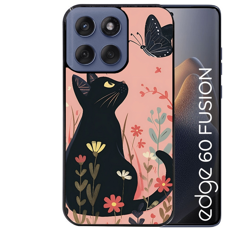 Coque noire taperso pour Moto Edge 60 et Neo Fusion Pro avec motif chat papillon 2 protection antichoc personnalisée