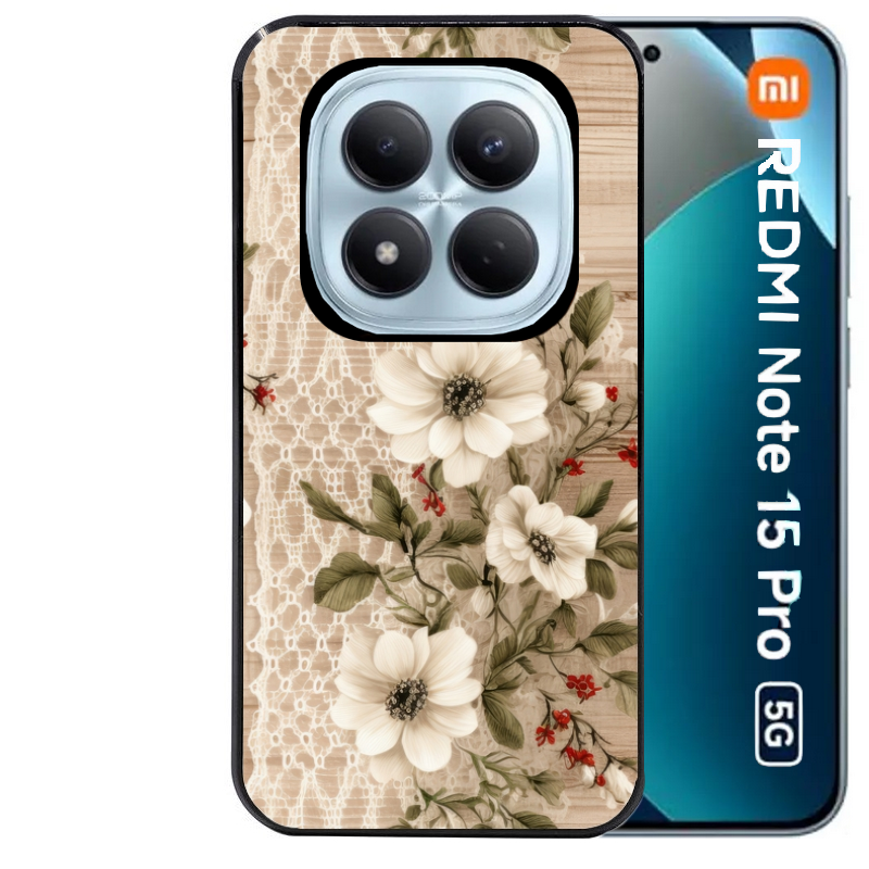 Coque noire taperso pour Redmi Note 15 et PRO PLUS 4G 5G avec motif bois et dentelle 2 protection antichoc personnalisée