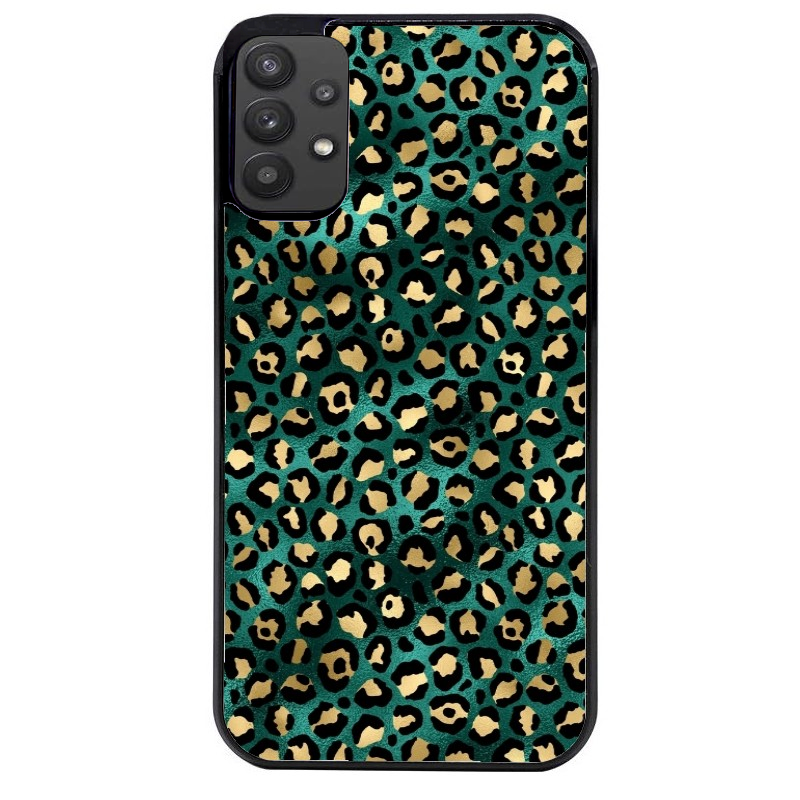 Coque noire taperso pour galaxy A22 A32 A52 A52S 4G 5G  avec motif leopard vert protection antichoc personnalisée