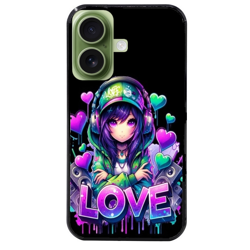 Coque noire taperso pour Iphone 16 16E PLUS MAX PRO avec motif anime manga et love protection antichoc personnalisée