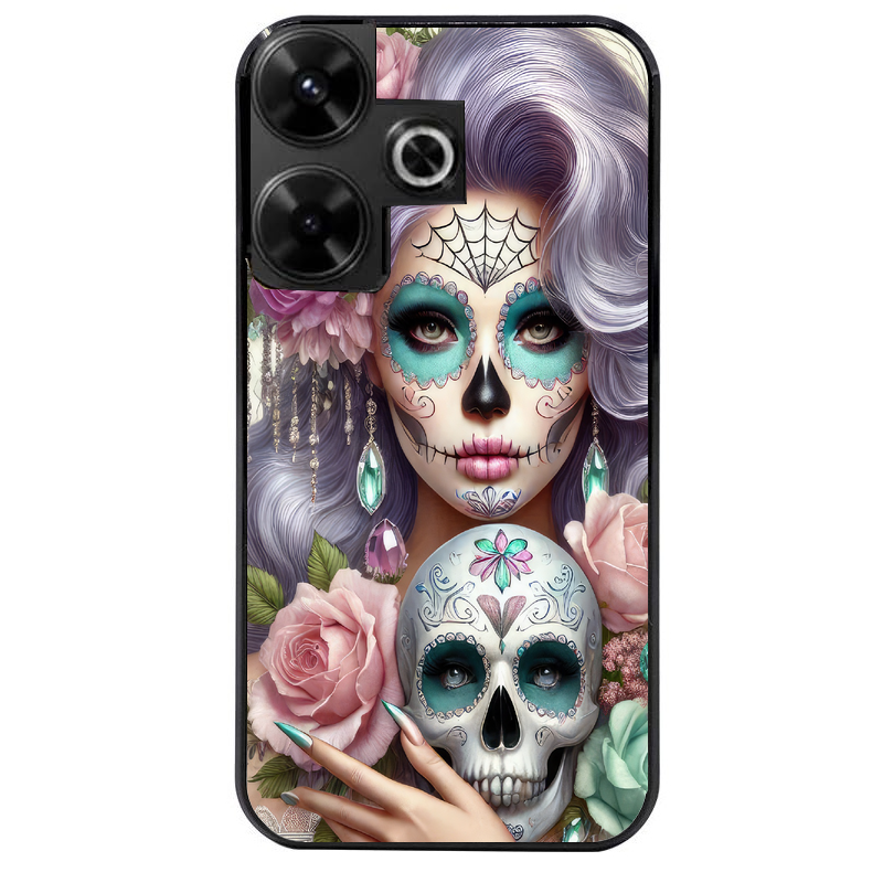 Coque noire taperso pour POCO M6 4G avec motif tete de mort calavera bijoux protection antichoc personnalisée