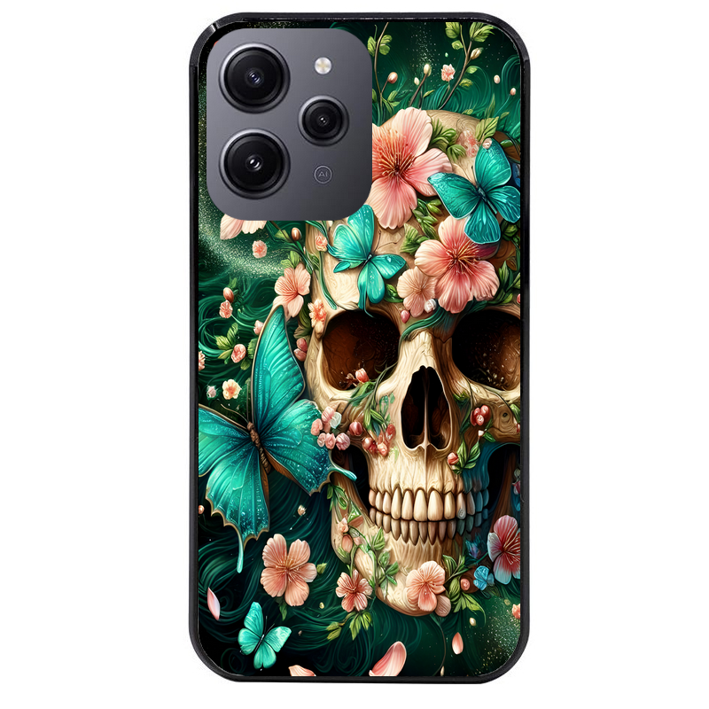 Coque noire taperso pour Redmi 12 4G et 5G avec motif tete de mort skull printemps protection antichoc personnalisée