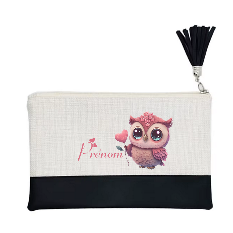Pochette personnalisée motif chouette cœur en toile et simili cuir personnalisée