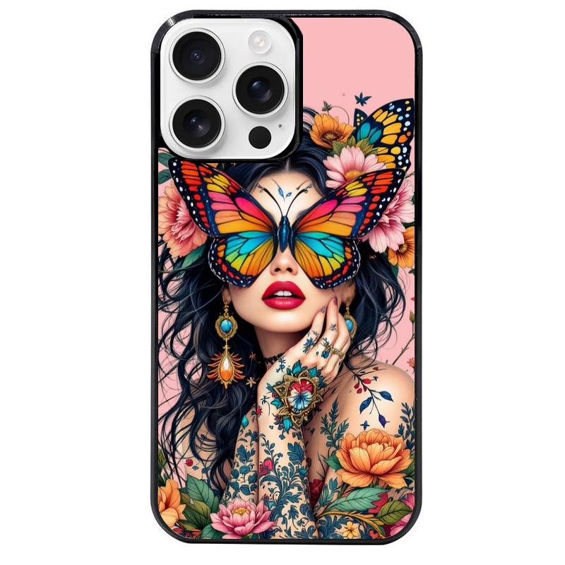 Coque noire taperso pour Iphone 16 16E PLUS MAX PRO avec motif femme papillon protection antichoc personnalisée
