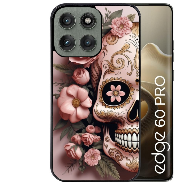 Coque noire taperso pour Moto Edge 60 et Neo Fusion Pro avec motif tete de mort calavera rose protection antichoc personnalisée