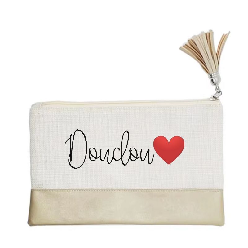 Pochette motif doudou et cœur en toile et simili cuir