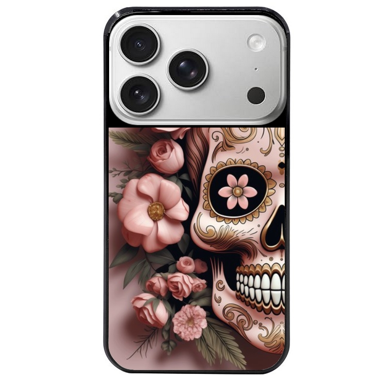 Coque noire taperso pour Iphone 17 17E AIR MAX PRO avec motif tete de mort calavera rose protection antichoc personnalisée
