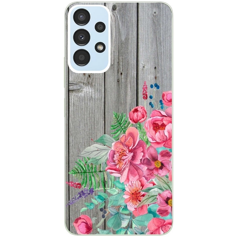 Coque taperso pour Galaxy A13 4G et 5G A23 A53 avec motif bois gris et fleur rose protection antichoc personnalisée