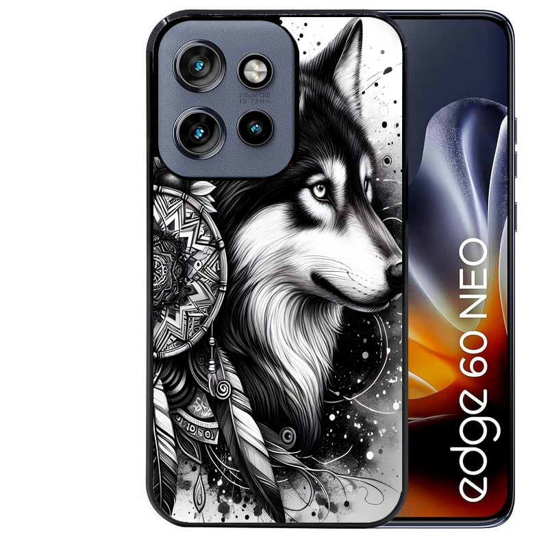 Coque noire taperso pour Moto Edge 60 et Neo Fusion Pro avec motif loup dreamcatcher protection antichoc personnalisée
