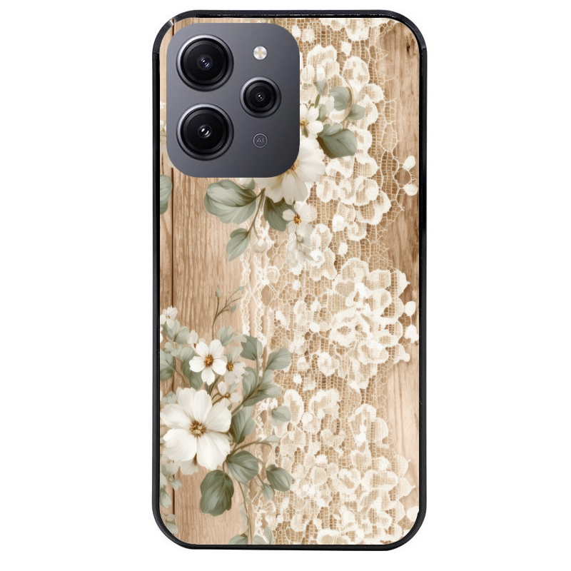 Coque noire taperso pour Redmi 12 4G et 5G avec motif bois et dentelle 1 protection antichoc personnalisée