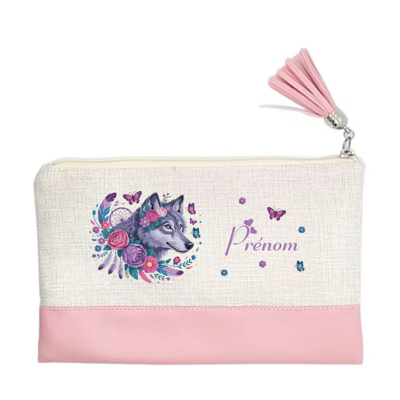 Pochette personnalisée motif loup dreamcatcher en toile et simili cuir personnalisée