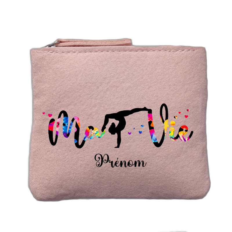 Porte monnaie personnalisé motif gym ma vie rose clair en feutrine en feutrine