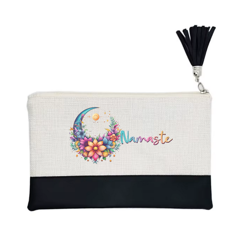 Pochette motif namaste lune en toile et simili cuir