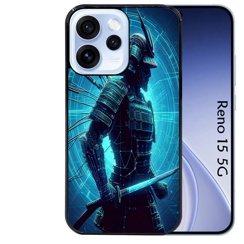 Coque noire taperso pour OPPO Reno 15 et F FS 5G avec motif samourai bleu protection antichoc personnalisée