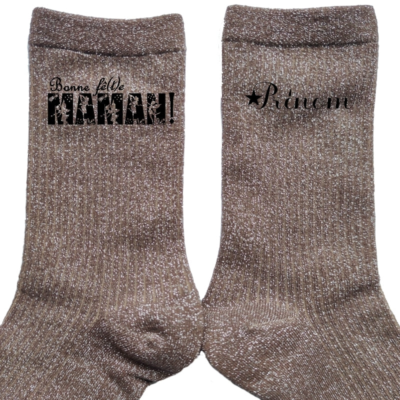 Chaussettes personnalisée paillettes bronze motif bonne fëte maman