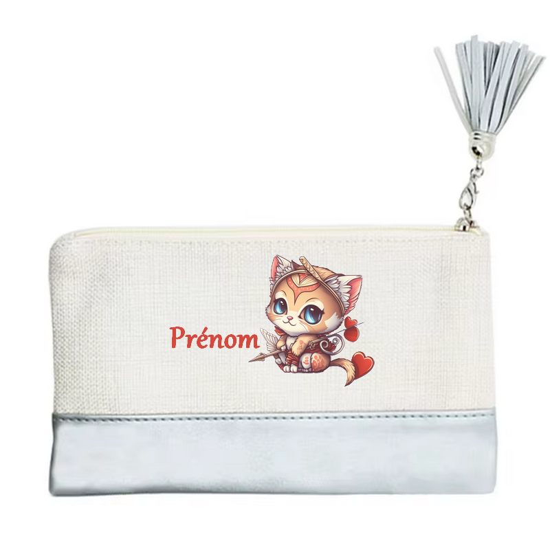 Pochette personnalisée motif chat cupidon en toile et simili cuir personnalisée