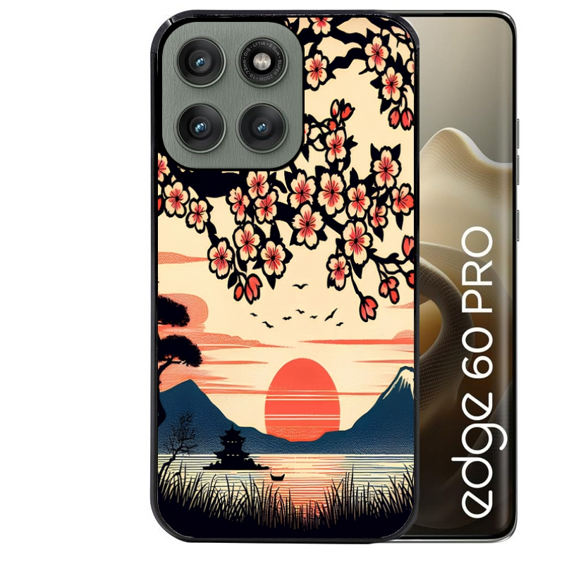 Coque noire taperso pour Moto Edge 60 et Neo Fusion Pro avec motif japan cerisier protection antichoc personnalisée