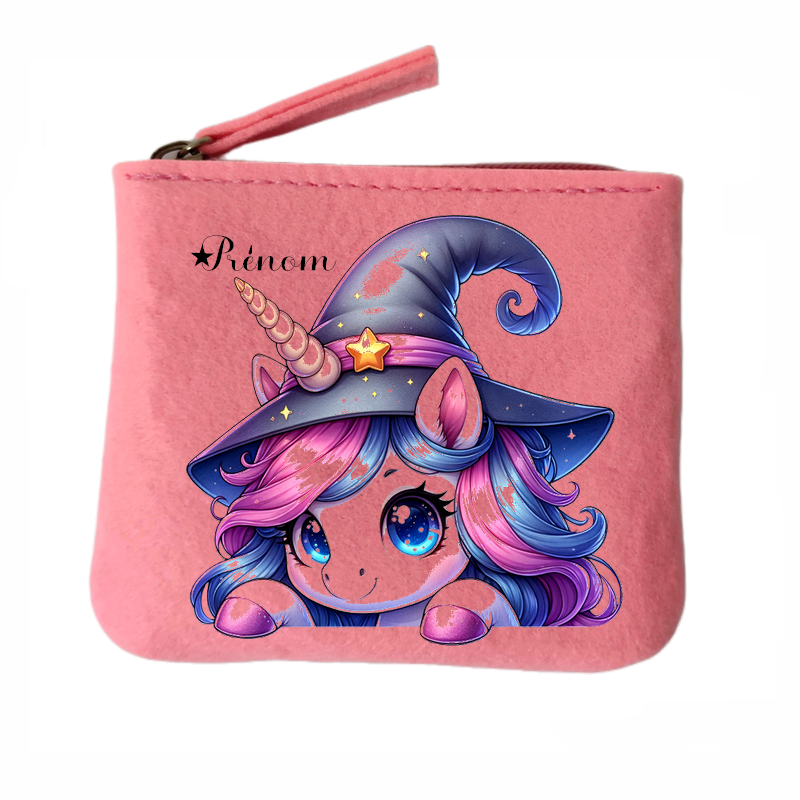 Porte monnaie personnalisé licorne magic en feutrine en feutrine