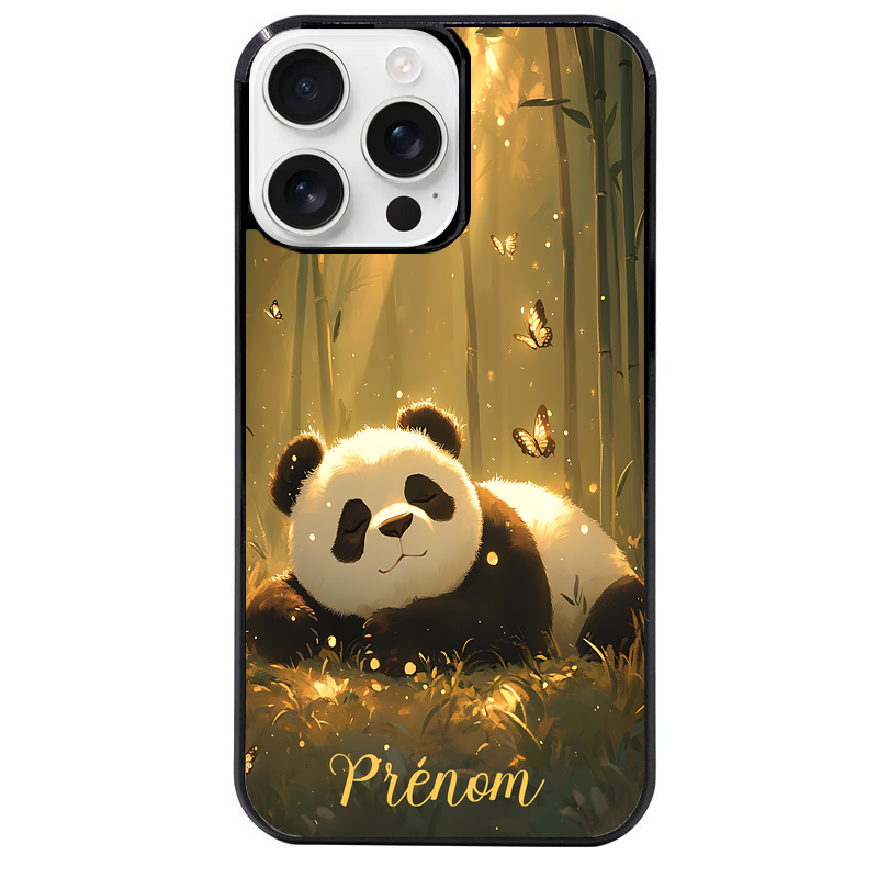 Coque noire taperso pour Iphone 16 16E PLUS MAX PRO avec motif panda et papillon personnalisee protection antichoc personnalisée