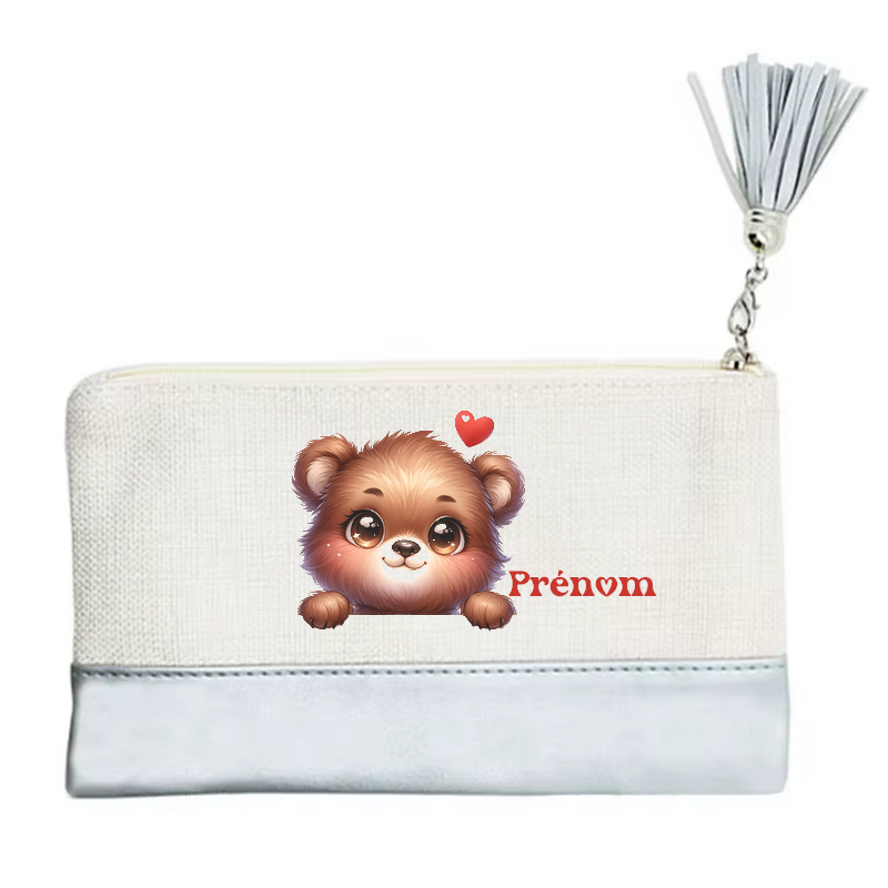 Pochette personnalisée motif ourson cœur en toile et simili cuir personnalisée