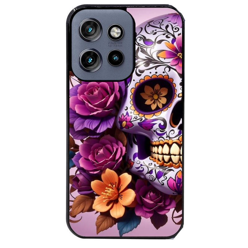 Coque noire taperso pour Moto Edge 60 et Neo Fusion Pro avec motif tete de mort calavera violette protection antichoc personnalisée