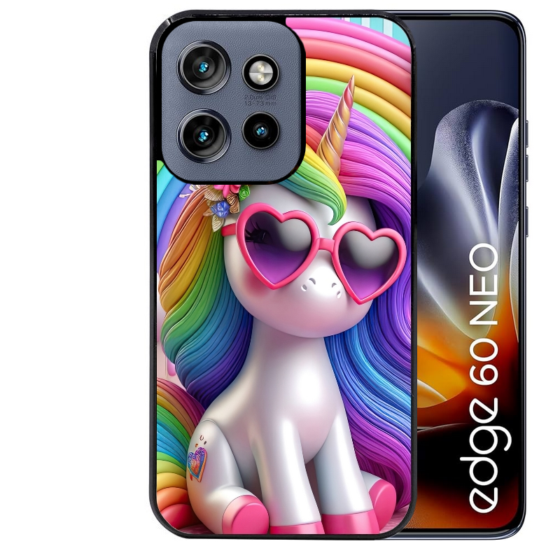 Coque noire taperso pour Moto Edge 60 et Neo Fusion Pro avec motif licorne pop art protection antichoc personnalisée
