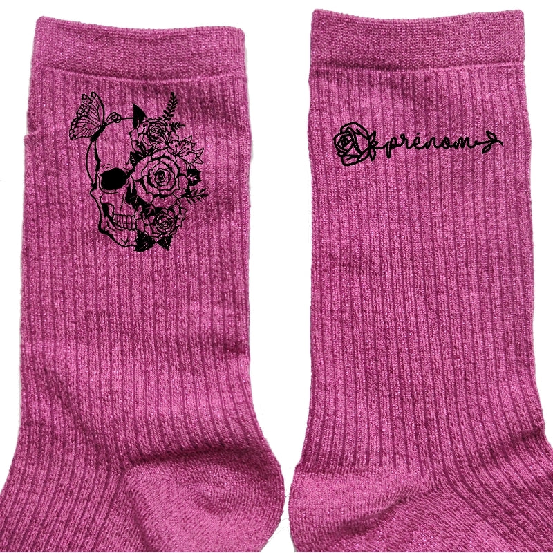 Chaussettes personnalisée paillettes rose motif tëte de mort fleur