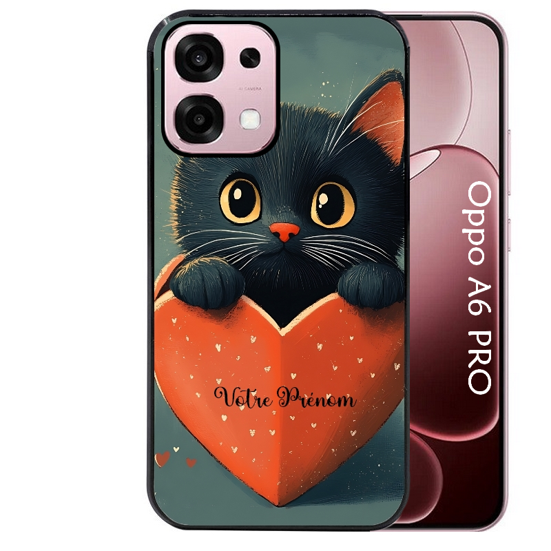 Coque noire taperso pour OPPO A6 PRO 4G et 5G avec motif chat et coeur avec prenom protection antichoc personnalisée