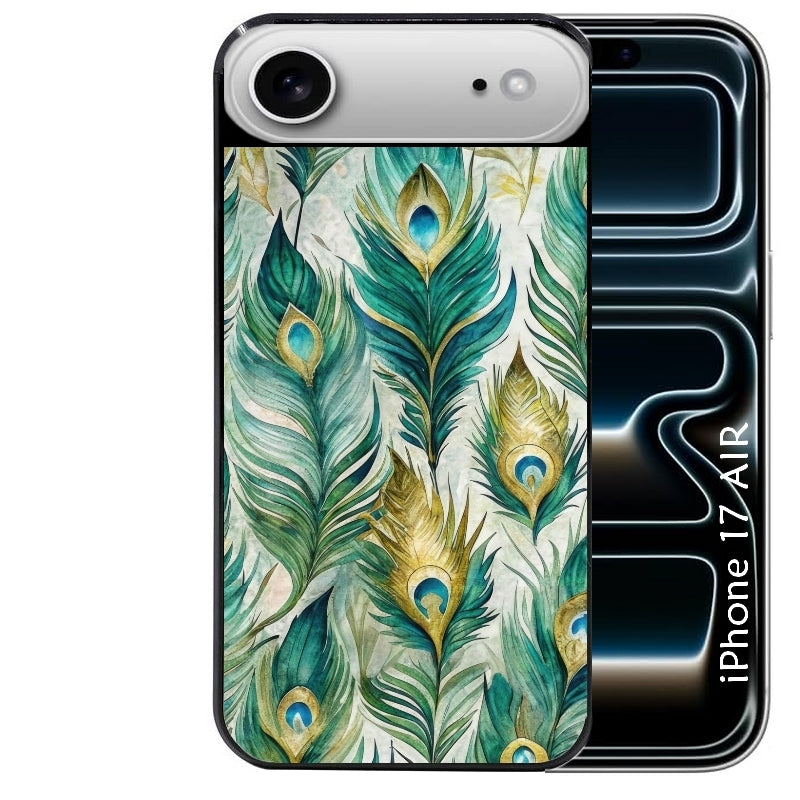 Coque noire taperso pour Iphone 17 17E AIR MAX PRO avec motif paon plumes protection antichoc personnalisée