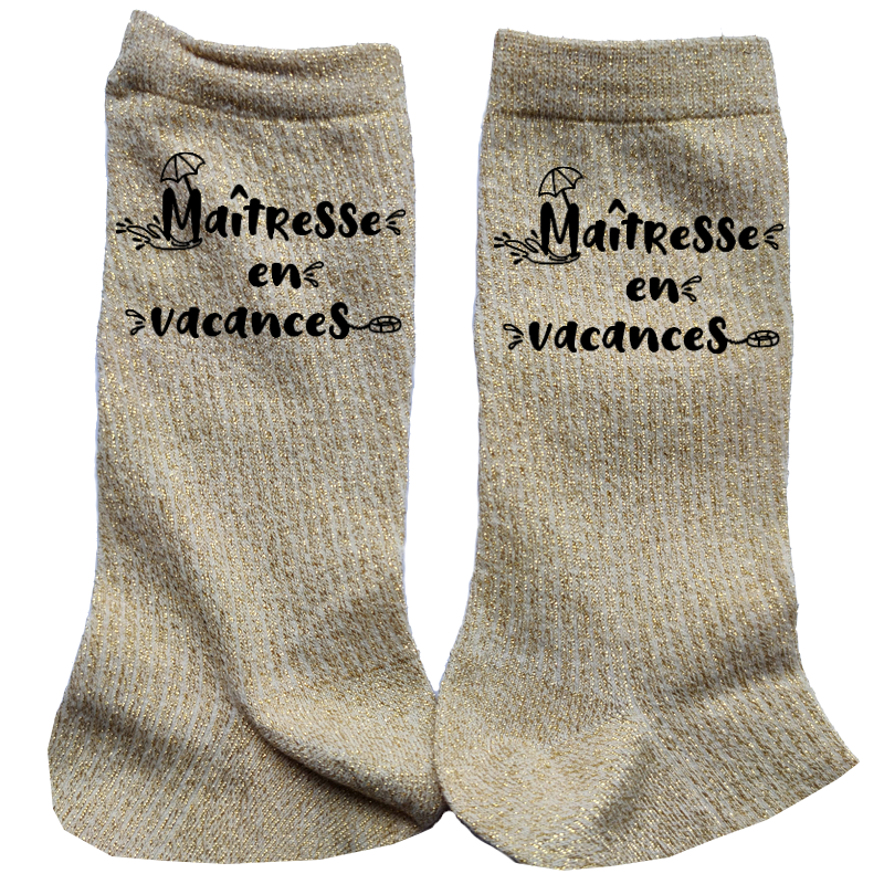 Chaussettes paillettes doré motif maîtresse en vacances